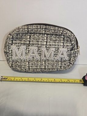 Pearl Lettering Tweed Cosmetic Pouch - Black & White
